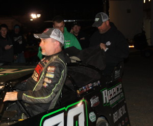 Jimmy Owens emerges from his Club 29 Race Car after his win at the Volunteer Speedway.