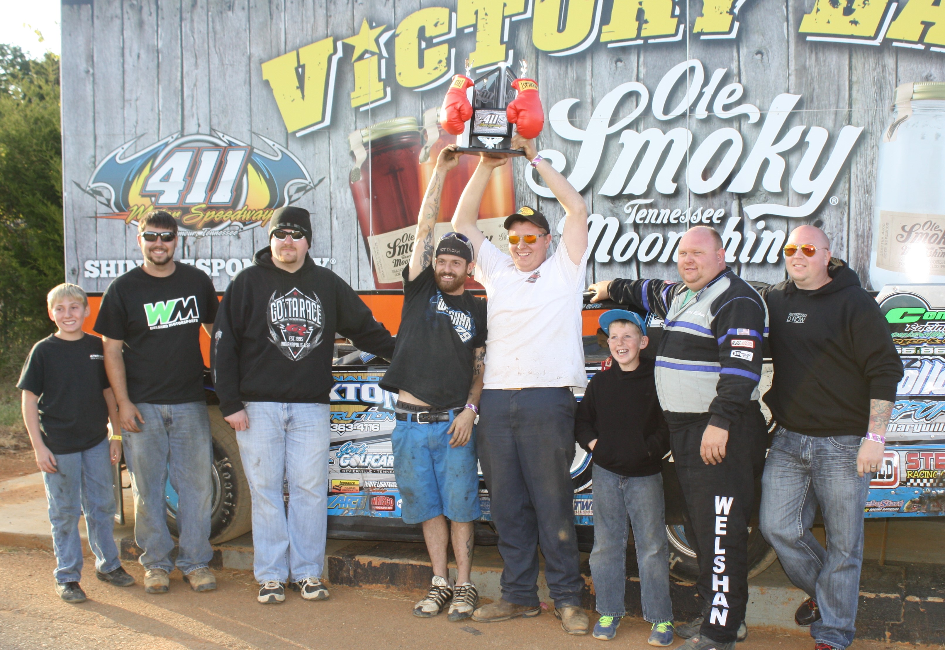 Jason Welshan and crew celebrate in the 411 Victory Lane.