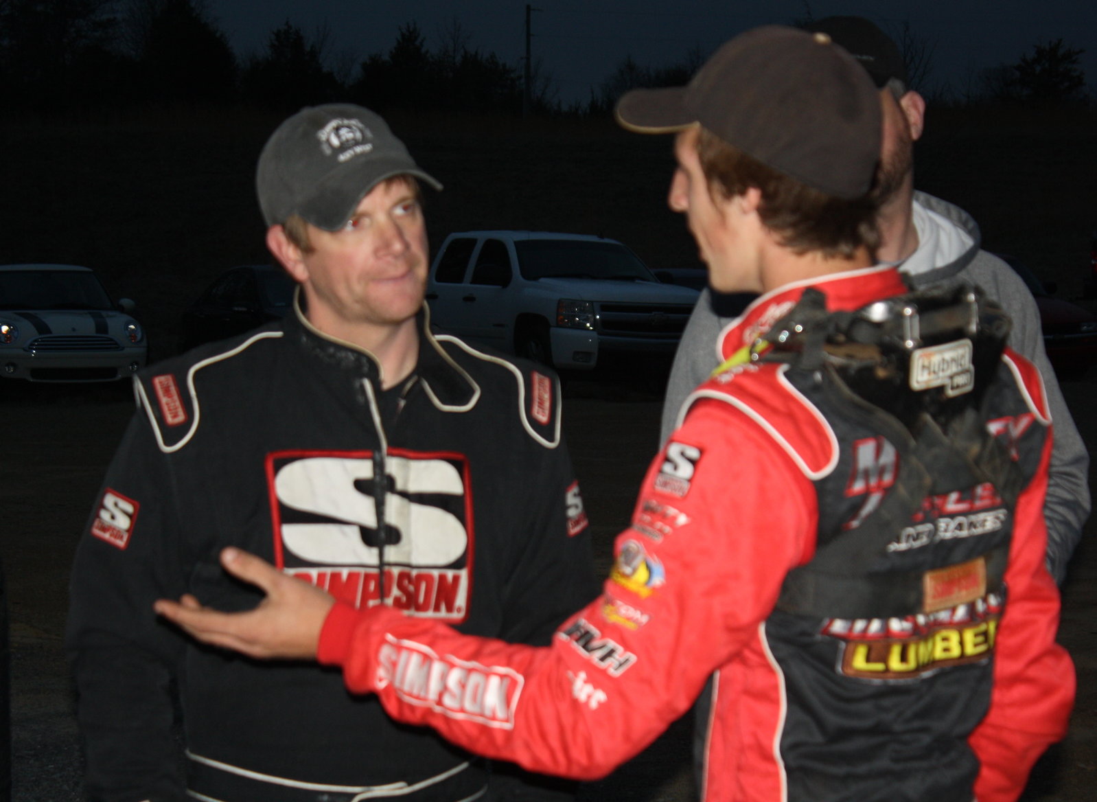 Greg Martin and Mack McCarter talk during a break in the action at Volunteer Speedway.