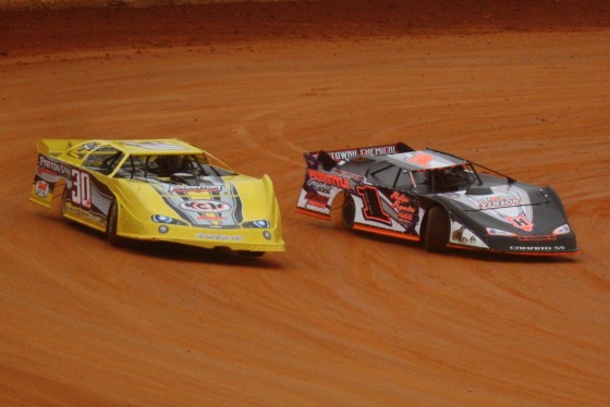 Jason Hiett(#1) racing his Super Late Model side-by-side with Ryan King at 411