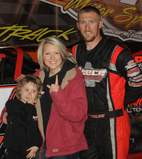 Fields was happy to be greeted in 411 victory lane on Saturday by fiance Amber Jackson and daughter Ailee. 