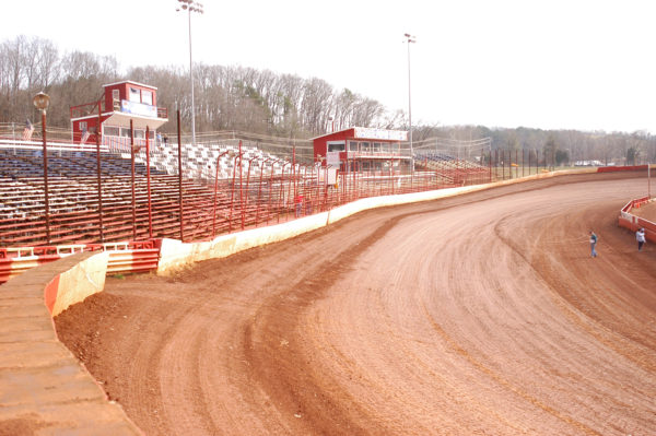 The front stretch and grandstands of Atomic Speedway.